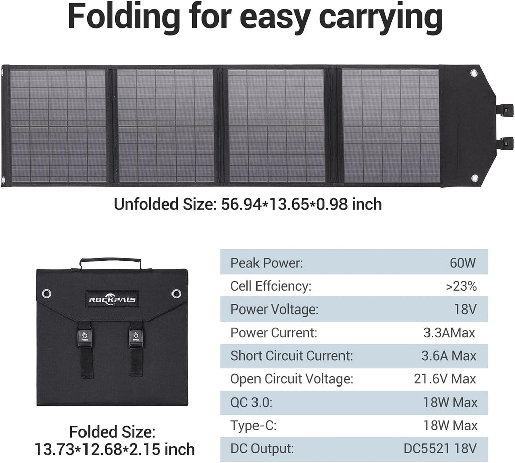 ROCKPALS Foldable Solar Panel 60W SP002 Portable Solar Panel Charger for Jackery/BLUETTI/ECOFLOW/Flashfish Power Station, IP65 Waterproof Solar Panel with QC3.0,USB-C for Camp/RV/Off Grid/Phone/Tablet