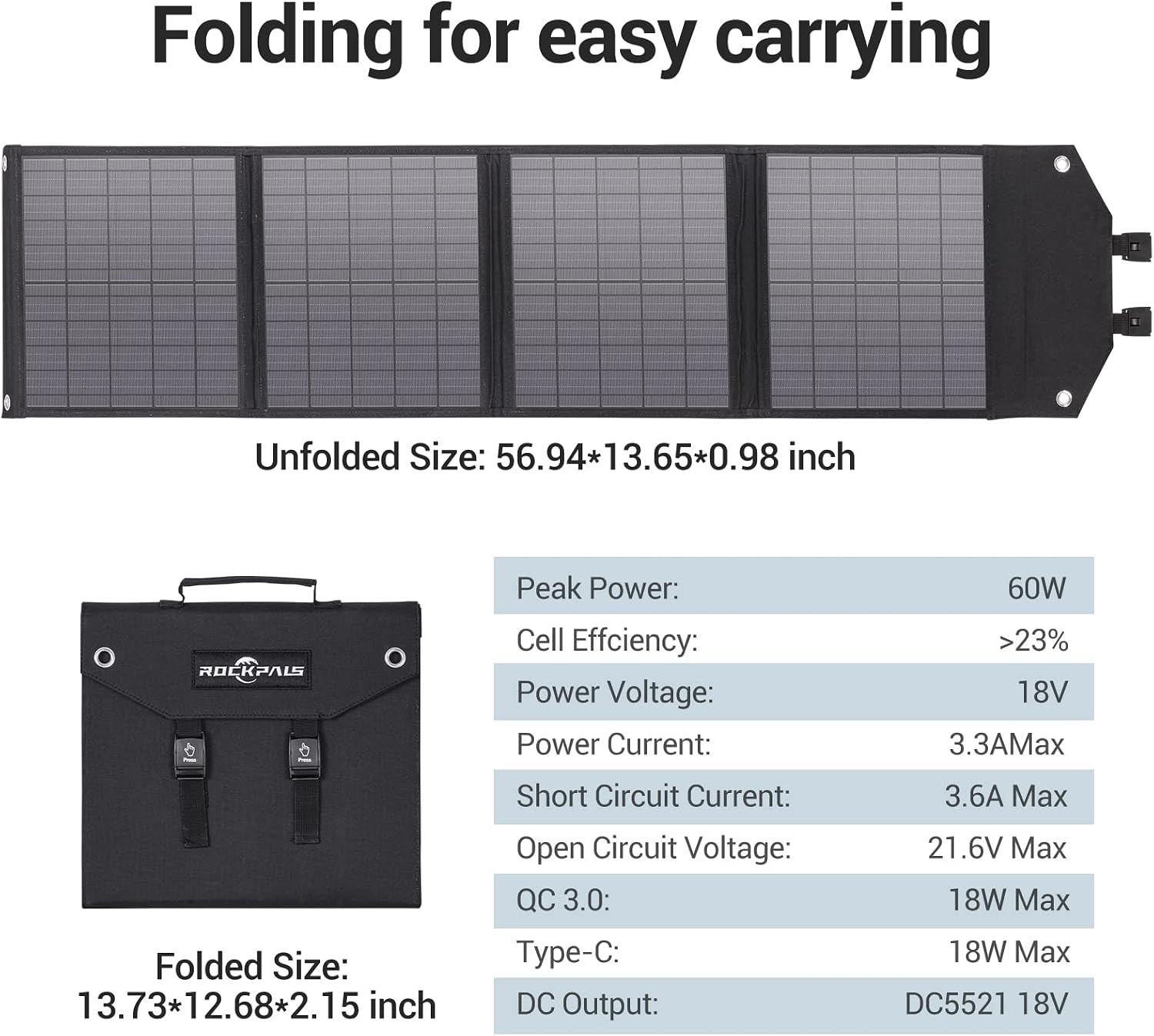 ROCKPALS Foldable Solar Panel 60W SP002 Portable Solar Panel Charger for Jackery/BLUETTI/ECOFLOW/Flashfish Power Station, IP65 Waterproof Solar Panel with QC3.0,USB-C for Camp/RV/Off Grid/Phone/Tablet