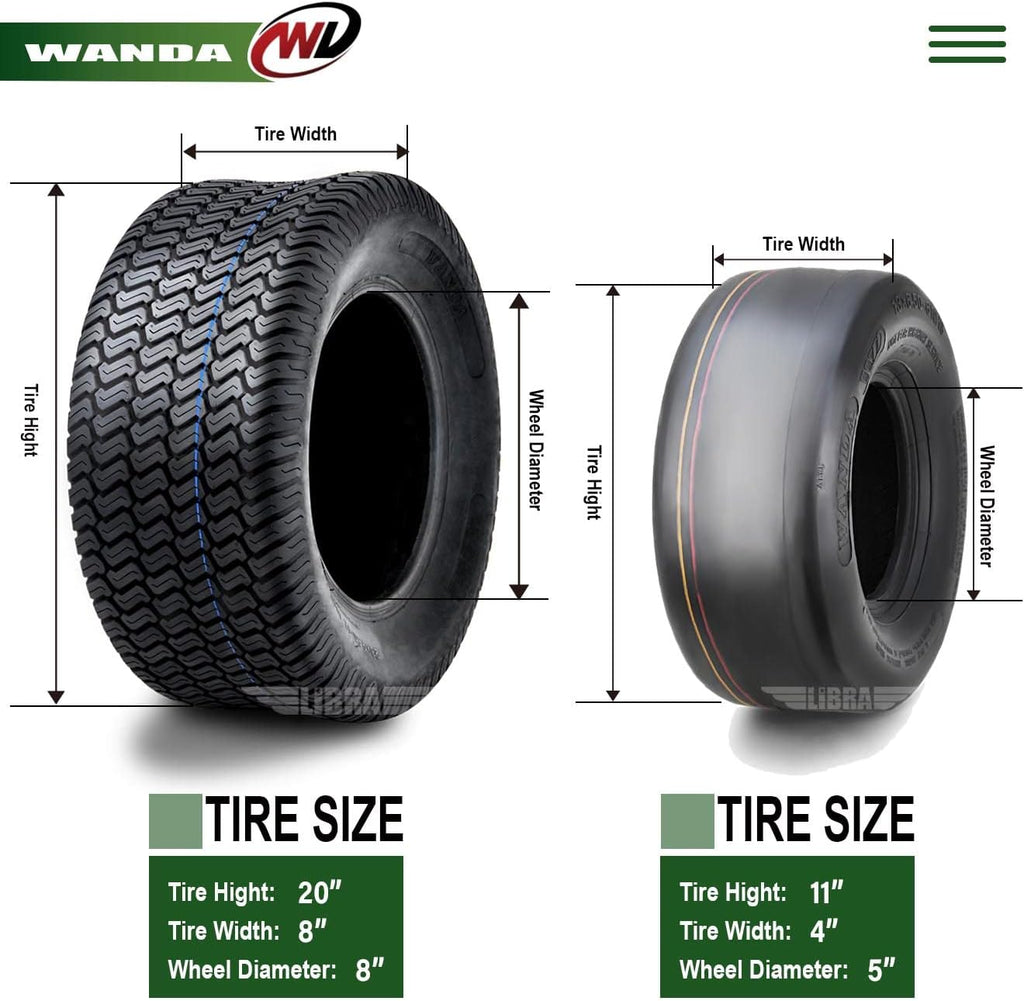 WANDA Set 4 Zero-Turn Lawn Mower Turf Tires 11x4-5 Front & 20x8-10 Rear /4PR -13204/13039