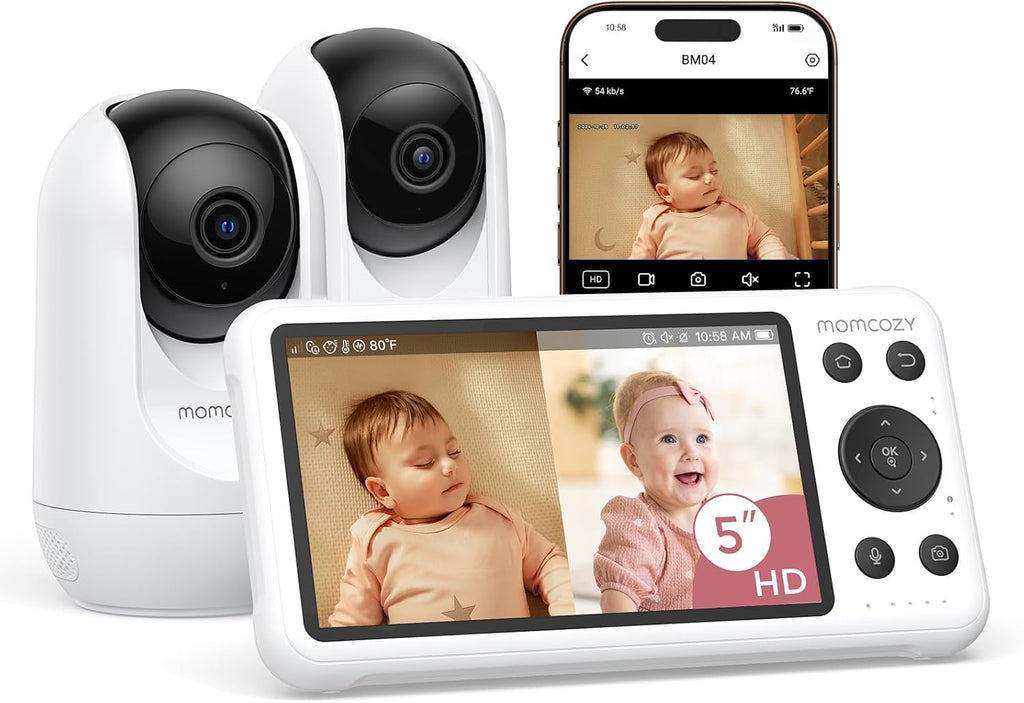Momcozy BM04 Smart WiFi Baby Monitor with 2 Cameras, 5' 1080P Split Screen Video Baby Monitor with Camera and Audio, Motion Detection, Electric Fence, Clear Night Vision, 2-Way Audio, 5000mAh Battery