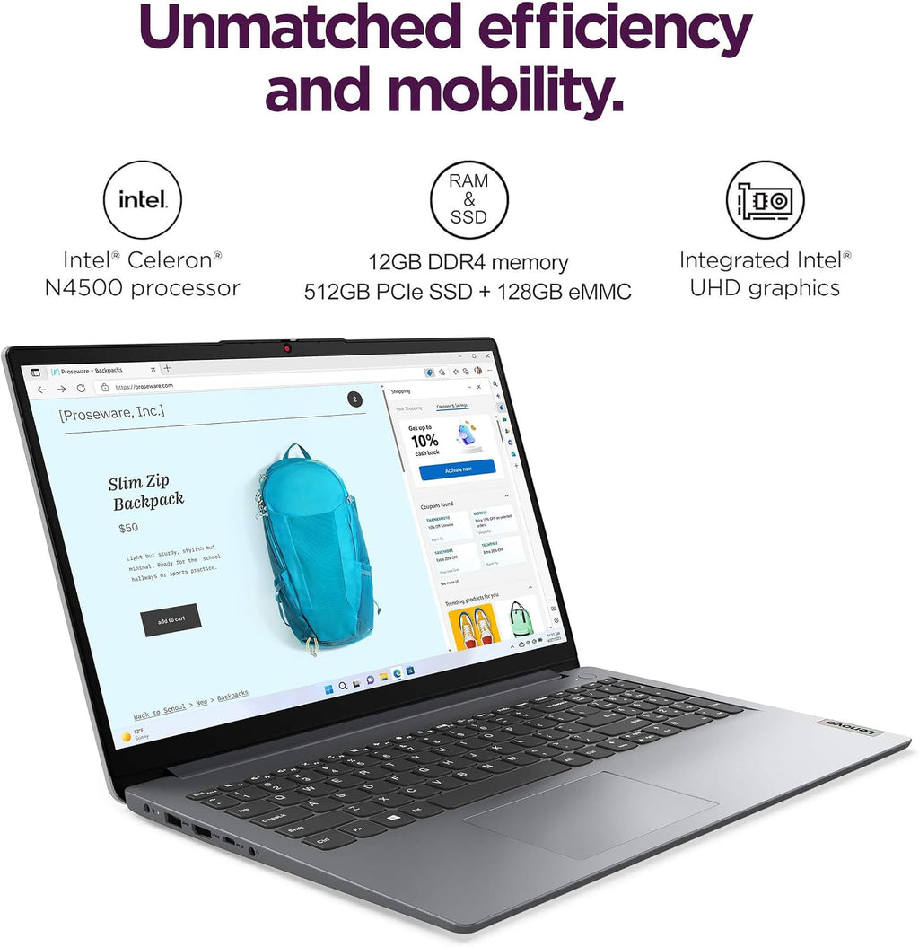 Lenovo IdeaPad 1i 15.6' HD Laptop (12GB RAM, 512GB SSD + 128GB eMMC, 1-Year Microsoft Office 365, Intel Celeron N4500) for Student, Home, Business, Numeric Keypad, IST Hub, Wi-Fi 6, Win 11 Home in S