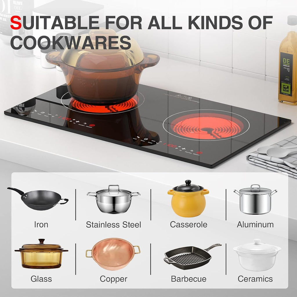 3000w Electric Cooktop, 24' Electric Stove 2 Burner Hot Plate Built-in Double Burner Cooktop with LED Touch Screen,9 Heating 9 Temperature,Kids Lock & Timer,Suitable for all Pans