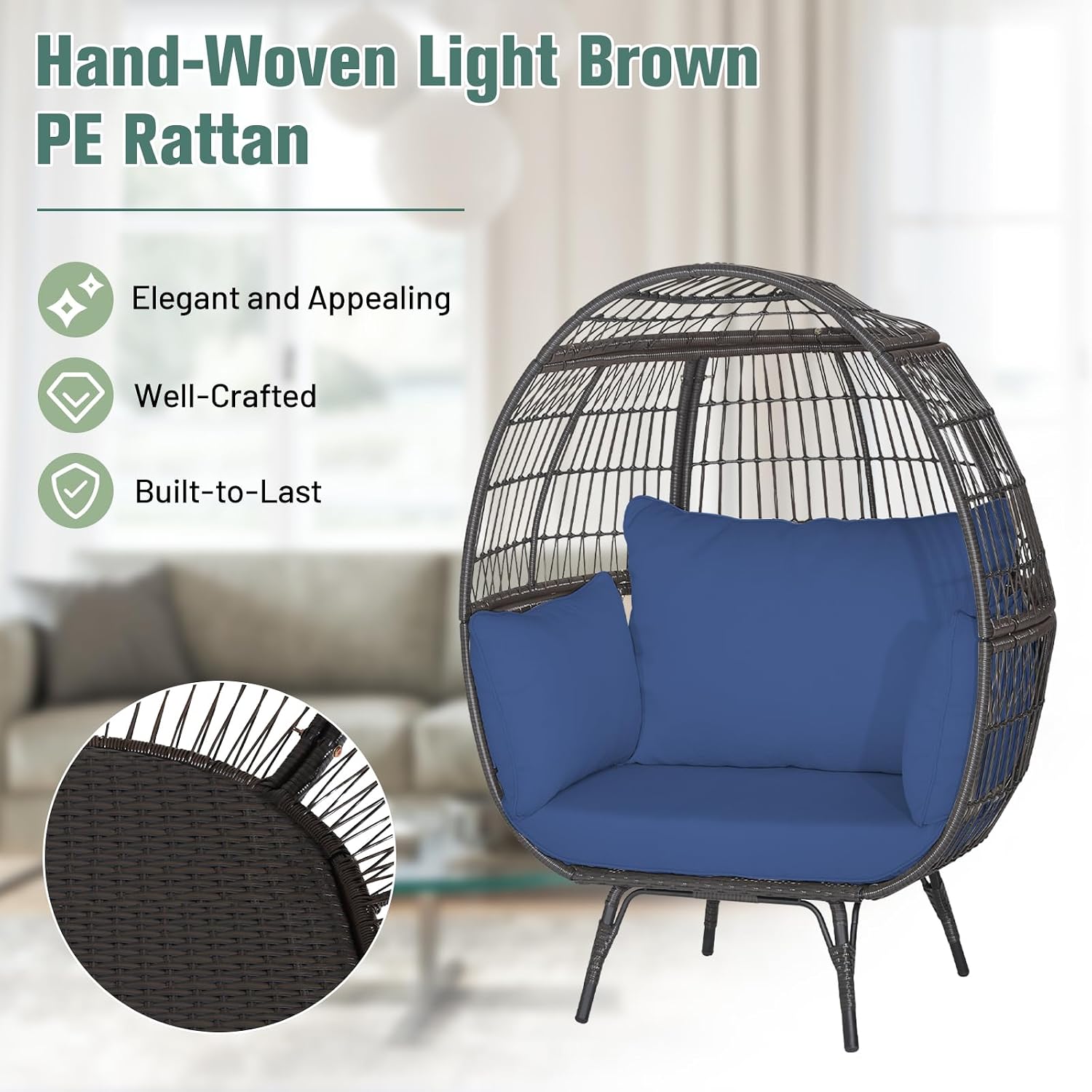 Tangkula PE Wicker Egg Chair, Patiojoy Oversized Indoor Outdoor Patio Lounge Chair with Cushions and Pillows, Steel Frame Basket Chair for Garden, Deck, Balcony, Living Room (Navy)