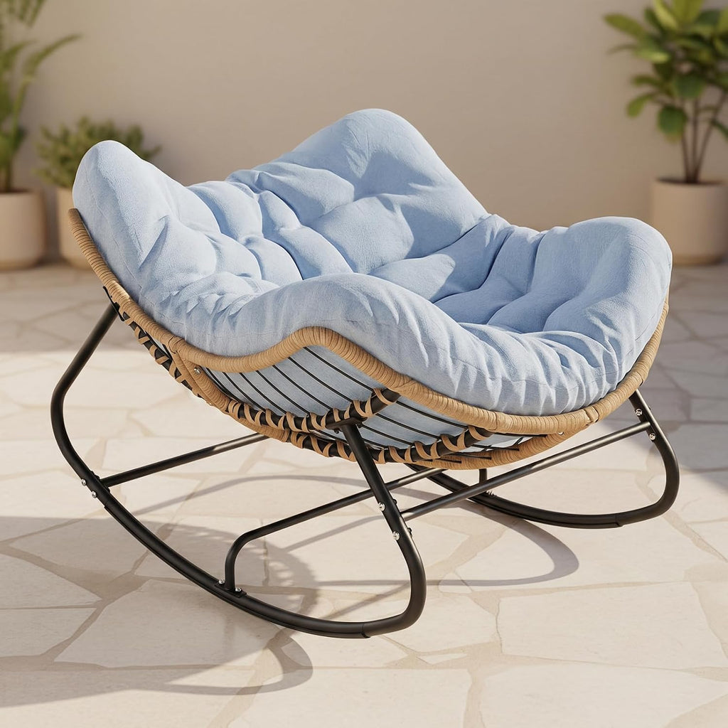 Oversized Papasan Rocking Chair Outdoor, Comfy Wicker Patio Papasan Egg Rocker with Thick Cushion for 450 lbs, Indoor Lounge Reading Chair for Living Room, Porch, Garden, Balcony, Bedroom-Blue