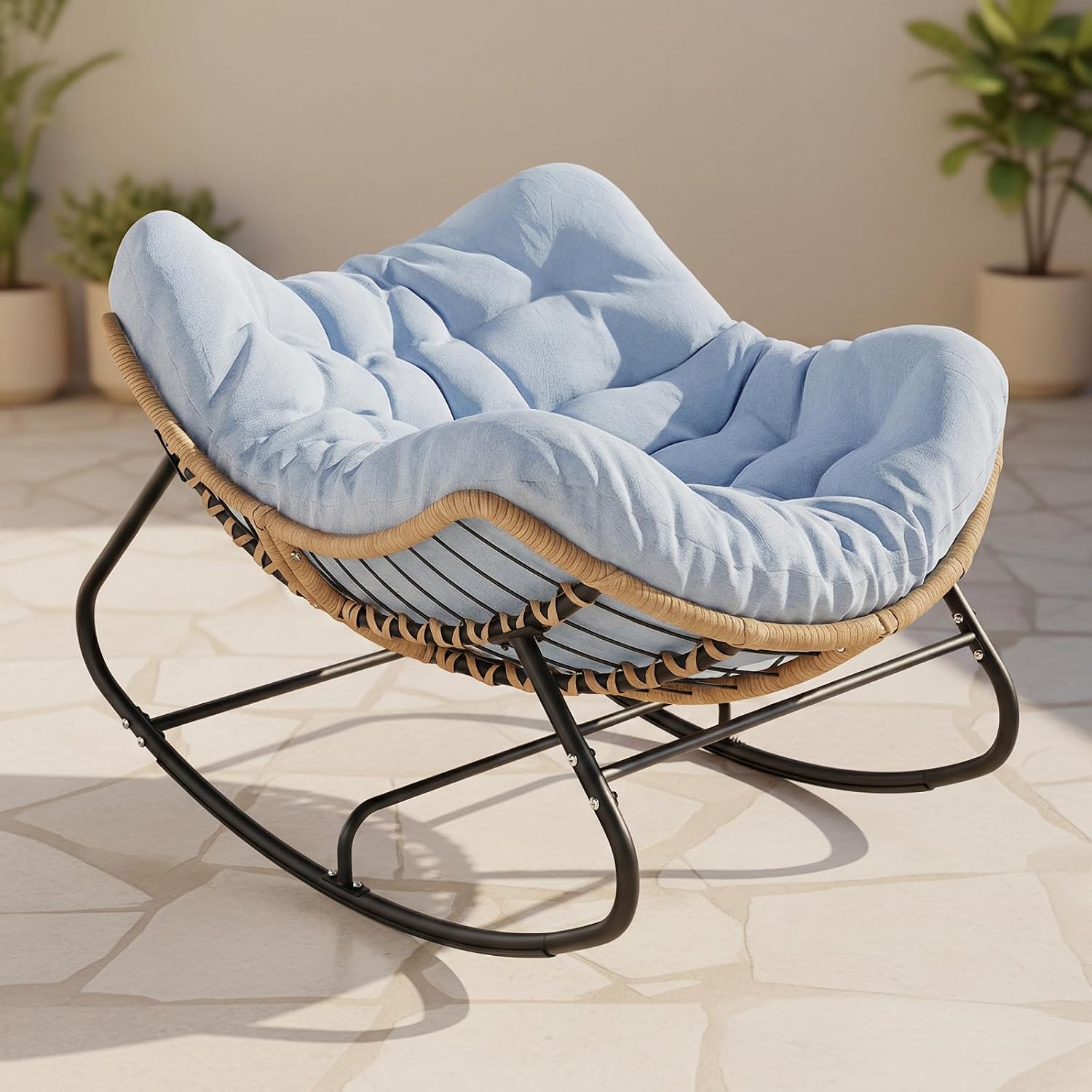 Oversized Papasan Rocking Chair Outdoor, Comfy Wicker Patio Papasan Egg Rocker with Thick Cushion for 450 lbs, Indoor Lounge Reading Chair for Living Room, Porch, Garden, Balcony, Bedroom-Blue