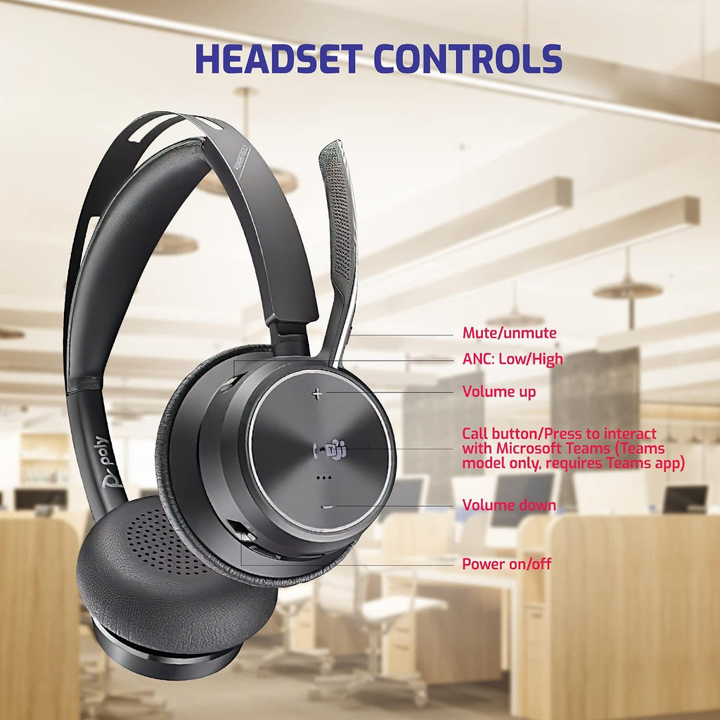 Poly Plantronics Voyager Focus 2 MS, Stereo Bluetooth Headset, USB-C for Teams, Connects to Laptop and Smartphone - Works with Zoom, RingCentral, 8x8, Vonage - w/USB C/A Adapter and GTW Cloth