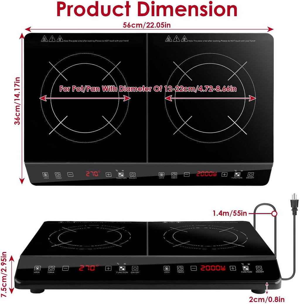 Double Induction Cooktop, 4000W Portable Induction Cooker with 2 Burner Independent Control, Electric Stove with 9 Level Temperature Control, 3 Hour Timer, Safety Lock
