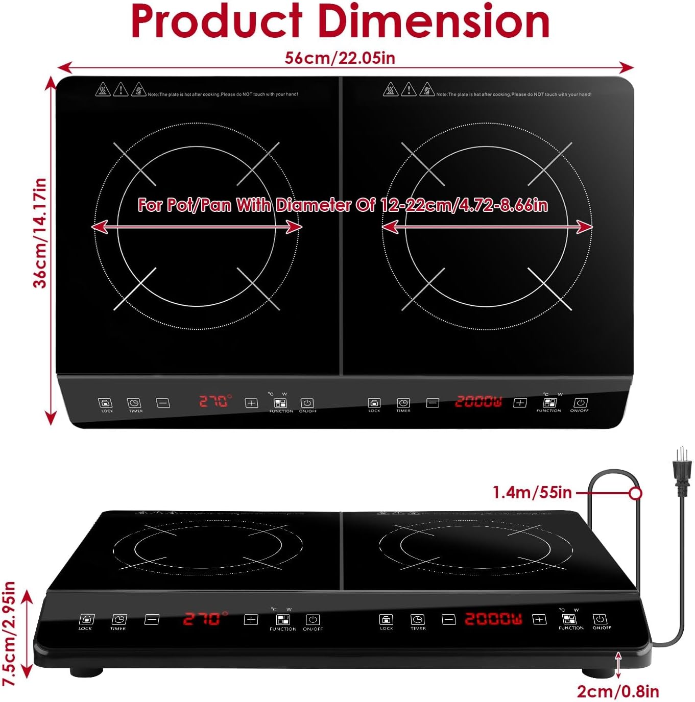 Double Induction Cooktop, 4000W Portable Induction Cooker with 2 Burner Independent Control, Electric Stove with 9 Level Temperature Control, 3 Hour Timer, Safety Lock