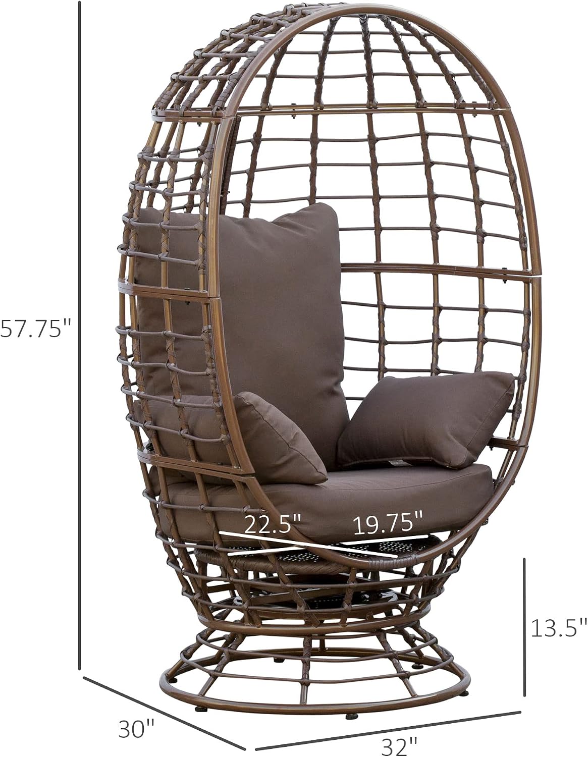 Outsunny Wicker Egg Chair, 360 Rotating Indoor Outdoor Boho Basket Seat with Cushion and Pillows for Backyard, Porch, Patio, Garden, Handwoven All-Weather PE Rattan, Steel Frame, Brown