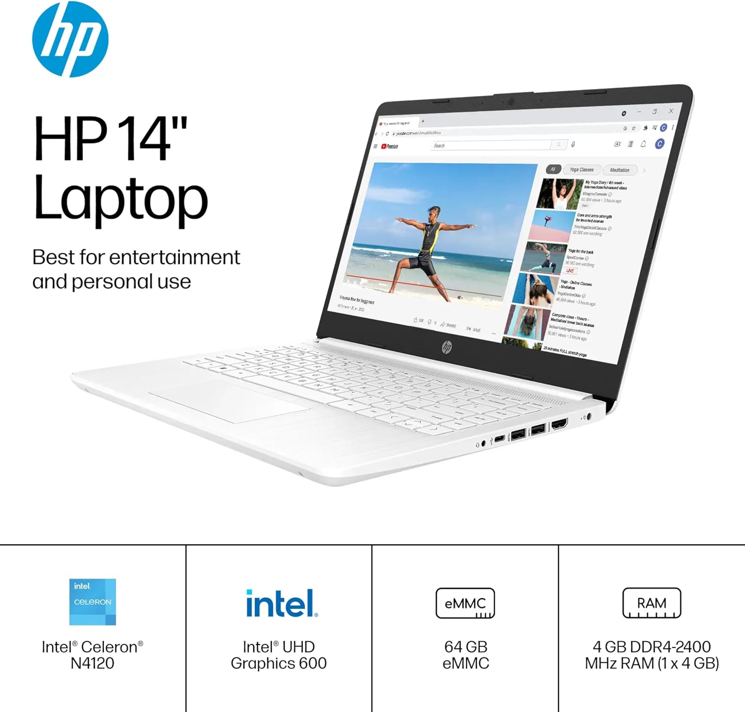 HP 14' Ultra Light Laptop for Student & Home (Intel Quad-Core N4120, 4GB RAM, 128GB(64GB + 64GB SD), 1-Year Office 365) 11-Hr Long Battery Life, Webcam, WiFi, Win 11 Home in S Mode - Snow White