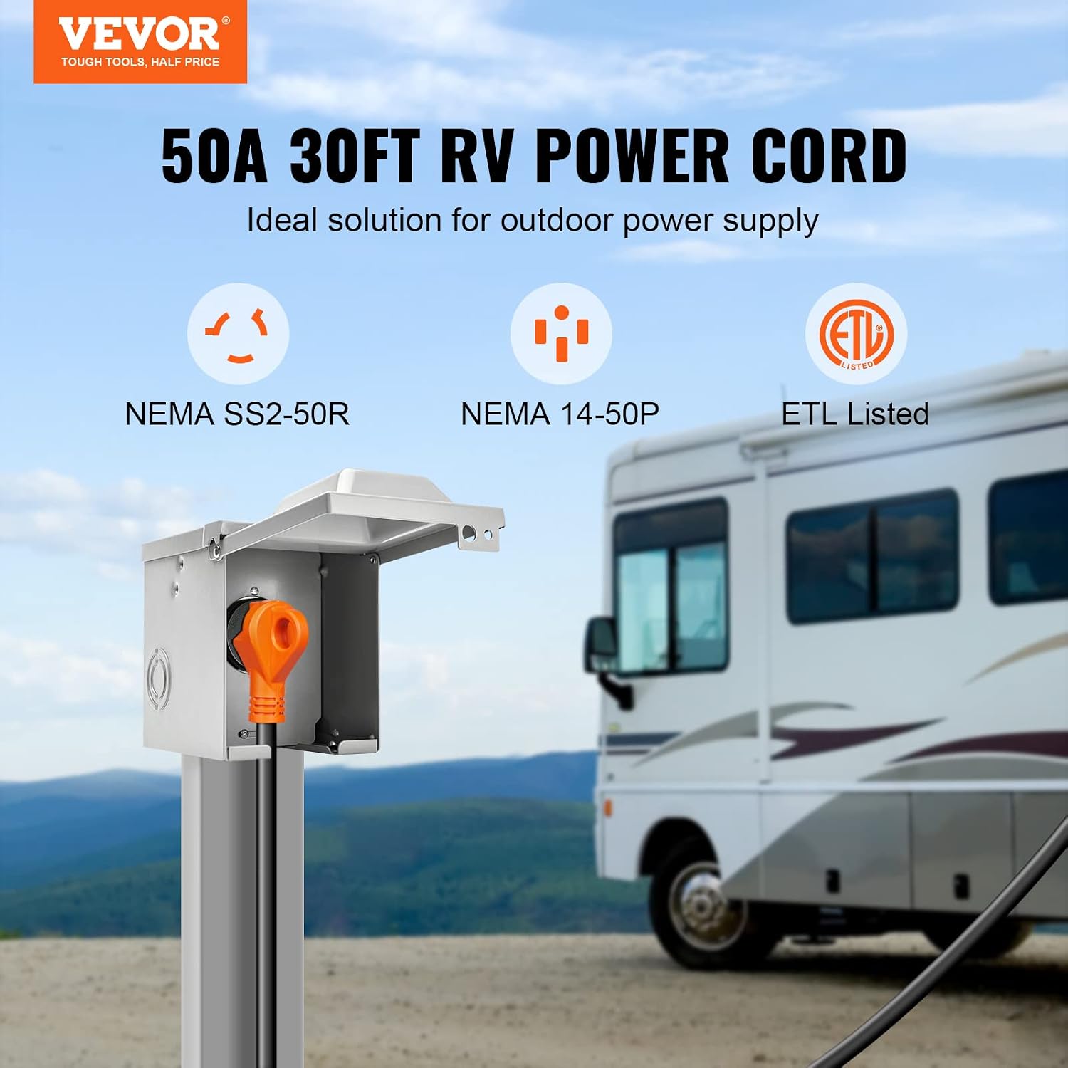 VEVOR 30FT 50 Amp RV Extension Cord, 6/3+8/1 AWG Pure Copper STW Power Cord 125V/250V 12500W, NEMA 14-50P to SS2-50R with LED Indicator & 15A Adapter, ETL Listed for RV Camper Generator EV Charger