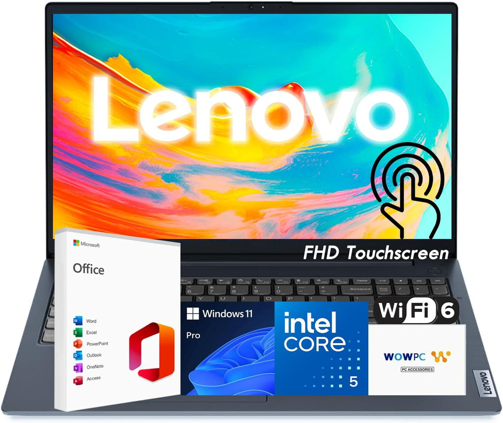 Lenovo IdeaPad Business Laptop, 15.6' FHD Touchscreen Display, Intel 13th 10-Core i5 CPU (Up to 4.6 GHz), 16GB RAM, 1TB SSD, Copilot AI Ready, Wi-Fi 6, Windows 11 Pro with Microsoft Office, WOWPC USB