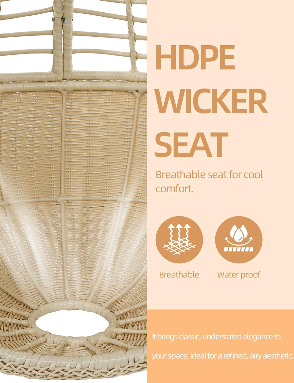 Hanging Egg Chair Swing Chair with Stand Wicker Rattan Chair for Indoor Outdoor Patio Bedroom Hammock Chair with Steel Frame and Cushion Beige