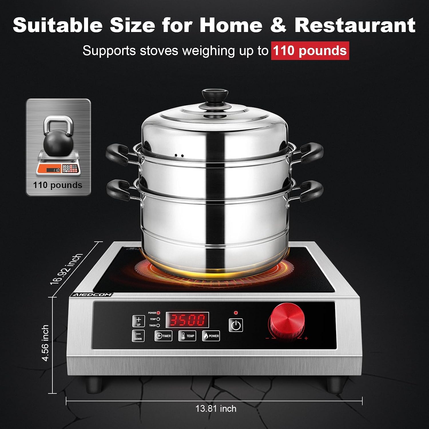 3500W 220V~240V Commercial Induction Cooktop, Powerful Electric Induction Burner, Countertop Electric Stove with Digital Sensor, Touch/Knob Control