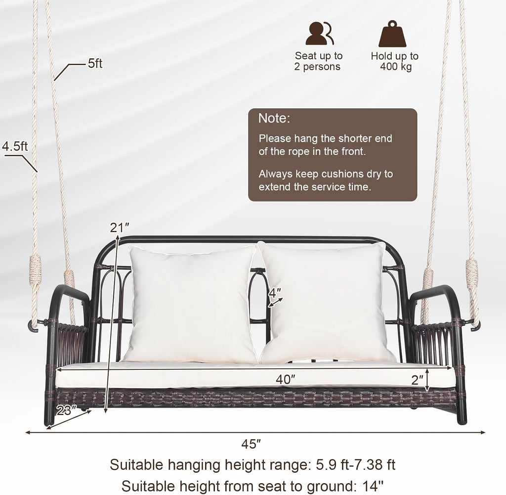 HAPPYGRILL Wicker Porch Swing, 2-Person Outdoor Patio Hanging Chair with Cushions, Metal Frame, Hanging Swing Bench with Ropes for Garden Backyard, 880 LBS Weight Capacity