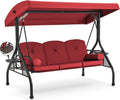 HOMREST 3 Seat Outdoor Porch Swing with Adjustable Canopy, Convertible Patio Swing Bed with Stand, Patio Glider Swing with Upgraded Cup Holder, Thicken Cushions ＆ Pillow for Backyard(Wine Red)