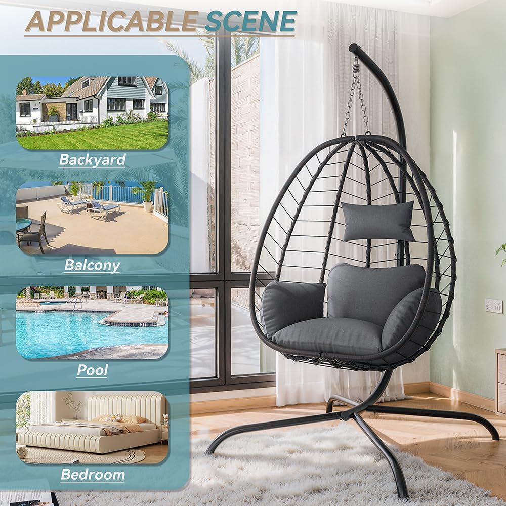 Kurapika Egg Swing Chair Indoor Outdoor Patio Wicker Rattan Hanging Egg Chair with Stand, Hammock Swing with Cushioned Headrest, 350LB Capacity for Bedroom, Balcony, Garden,Deck (Grey)