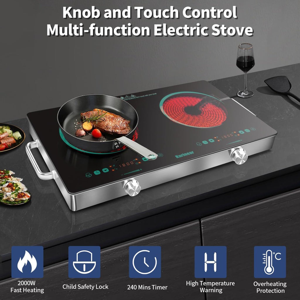 Karinear 2 Burner Electric Cooktop 110V, Portable Electric Stove with Handle, Knob Control Electri Hot Plate, Ceramic Countertop Burner, Timer, Safety Lock, 9 Power Level, 2000W, 24 inch(Green)