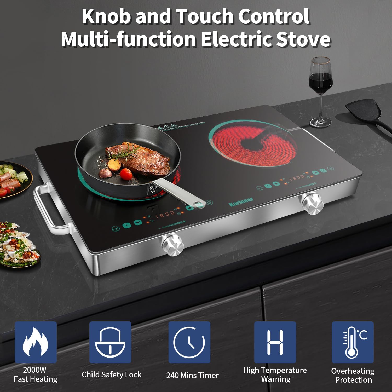 Karinear 2 Burner Electric Cooktop 110V, Portable Electric Stove with Handle, Knob Control Electri Hot Plate, Ceramic Countertop Burner, Timer, Safety Lock, 9 Power Level, 2000W, 24 inch(Green)
