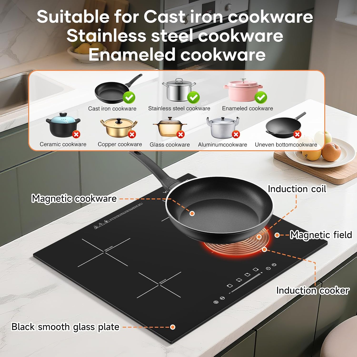 24 Inch Built-in Induction Cooktop, 4 Burner 6600W Electric Cooktop, Touch Control, Timer & Child Lock, Easy-Clean Black Glass