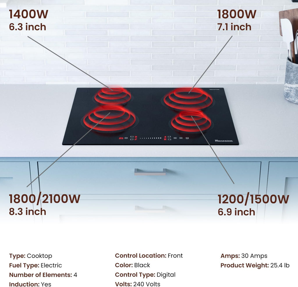 Rangaire RCI241S 24' Induction Cooktop, 6700W, 4 Burners, Built-in Stove Top, Booster & Timer, 9 Power Levels, Slide Touch Control, Child Safety Lock, 240V Hard Wire, Ceramic Surface