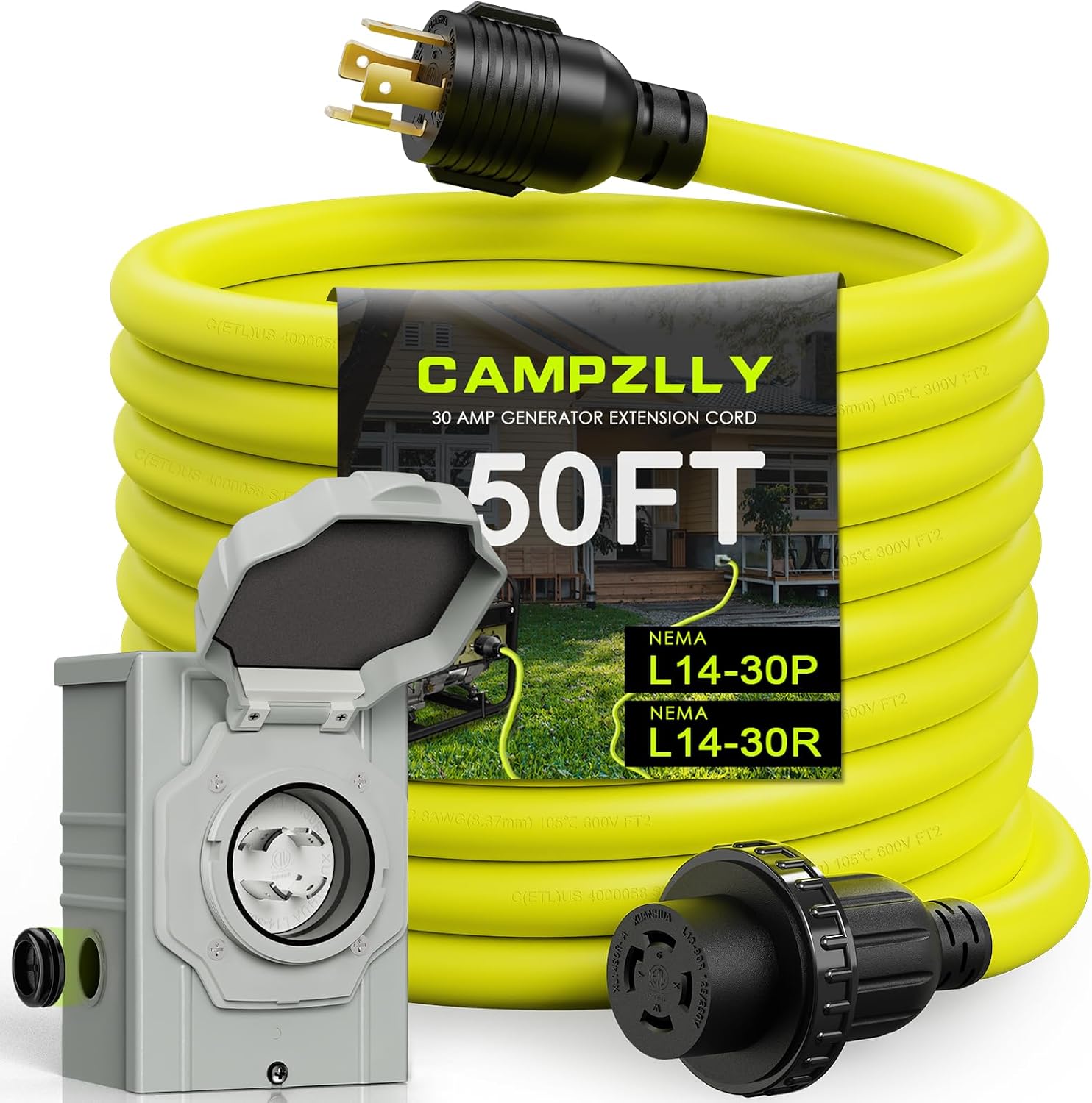 30 Amp Generator Cord 50FT and Power Inlet Box, NEMA L14-30P/L14-30R 125/250V Twist Lock Connector with Pre-Drilled NEMA L14-30P Generator Inlet Box for Generator to House, ETL Listed