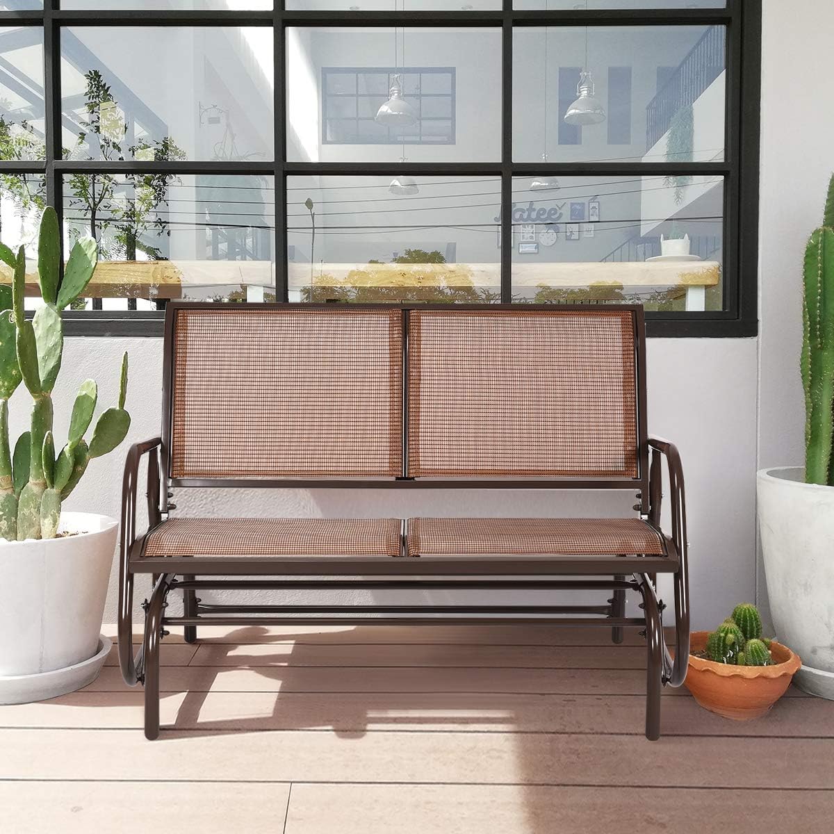 Giantex Swing Glider Chair 48 Inch with Spacious Space, 2 People Lounge Cozy Patio Bench Outdoor & Indoor for Patio, Backyard, Poolside, Lawn Steel Rocking Garden Loveseat (Brown)
