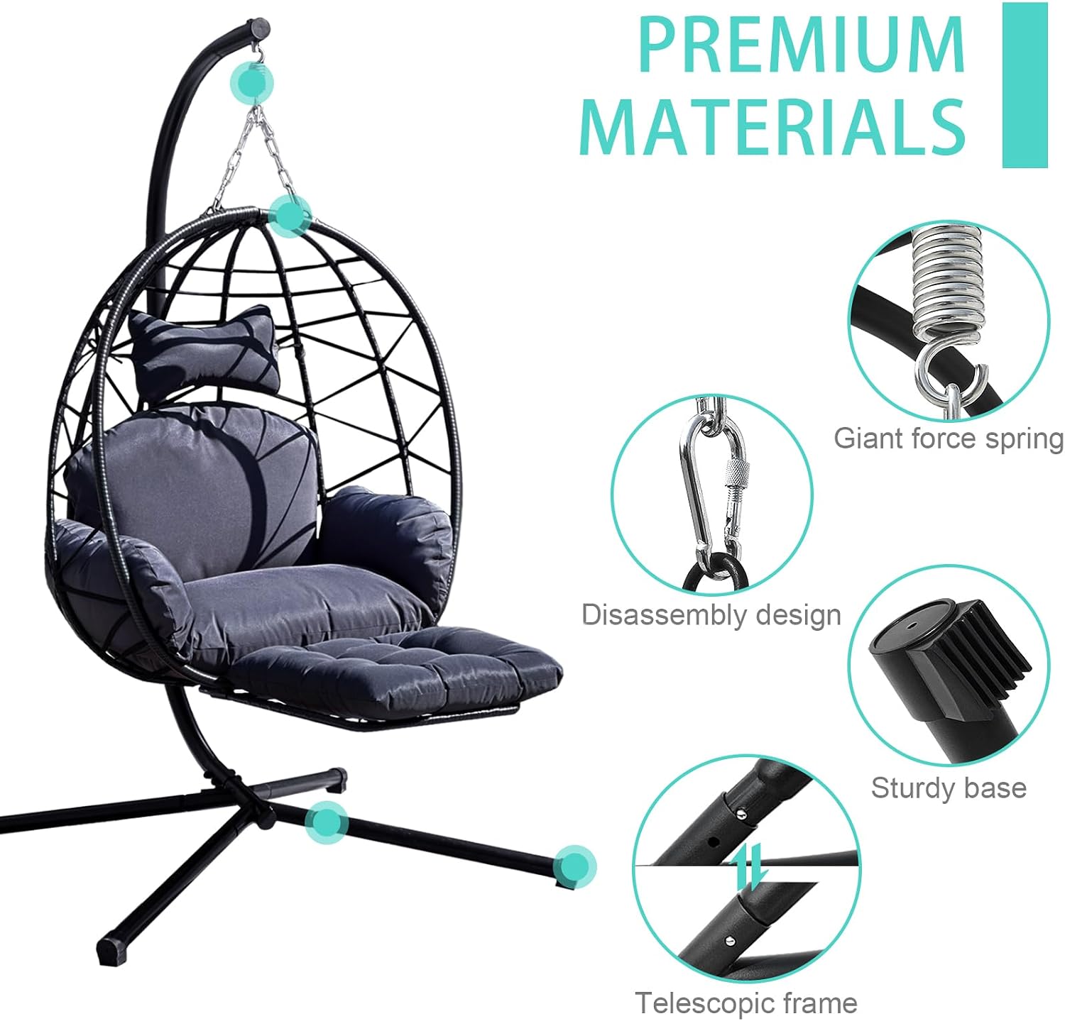 Hanging Egg Chair with Leg Rest, Indoor/Outdoor Swing Egg Chair Hammock Basket Seat Chair with Cushion for Porch Balcony Garden Patio (Ribbon+Rattan, Black+Dark Grey)