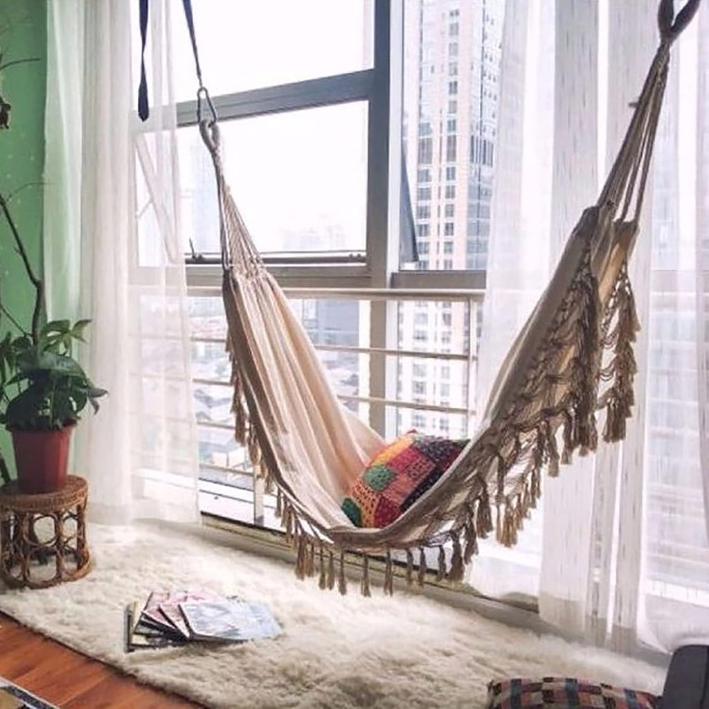 Double Hammock, Bohemian Style Tassel Rocking Chair, 250 Kg Load-Bearing Hammock, Indoor and Outdoor Hanging Swing, Portable Machine Washable Hammock