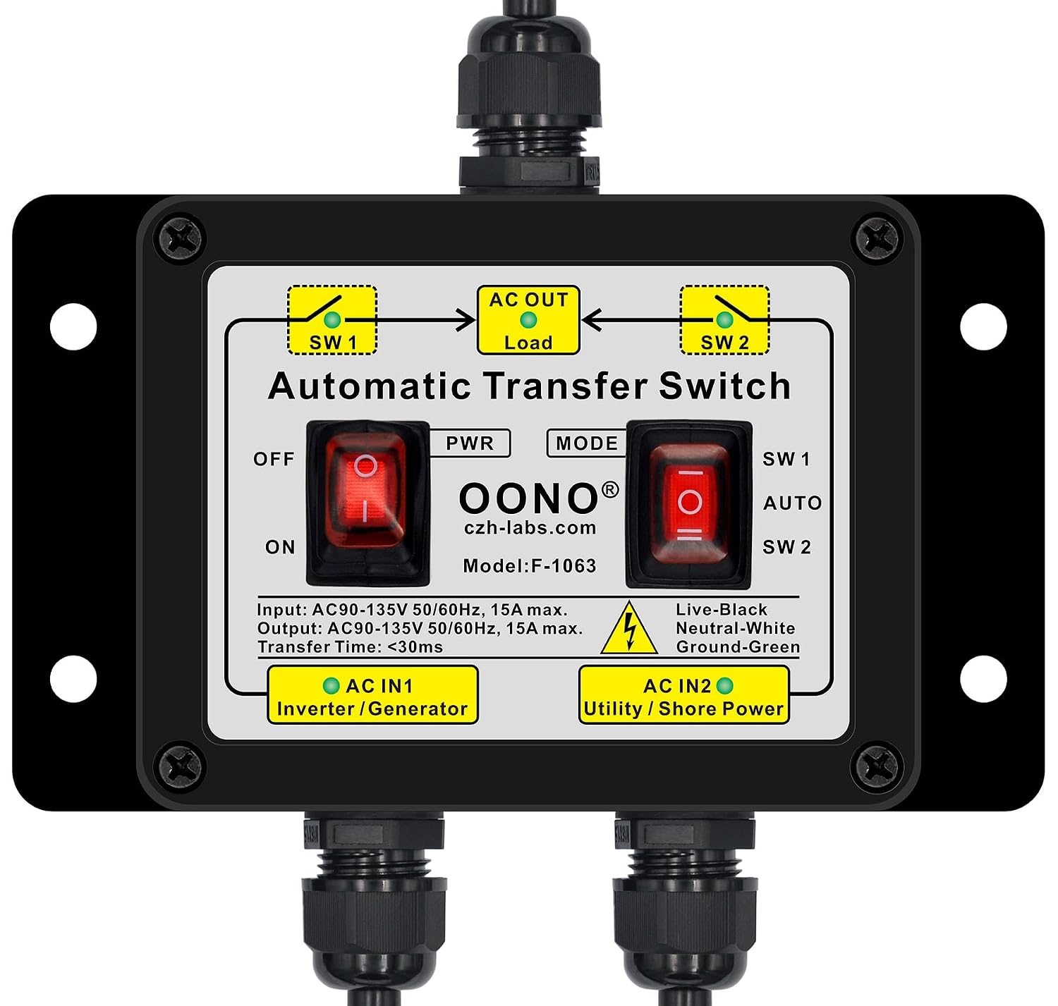 Manual and Automatic Transfer Switch, AC120V 15A ATS Auto Transfer Switch (NEMA 5-15P + 5-15R)