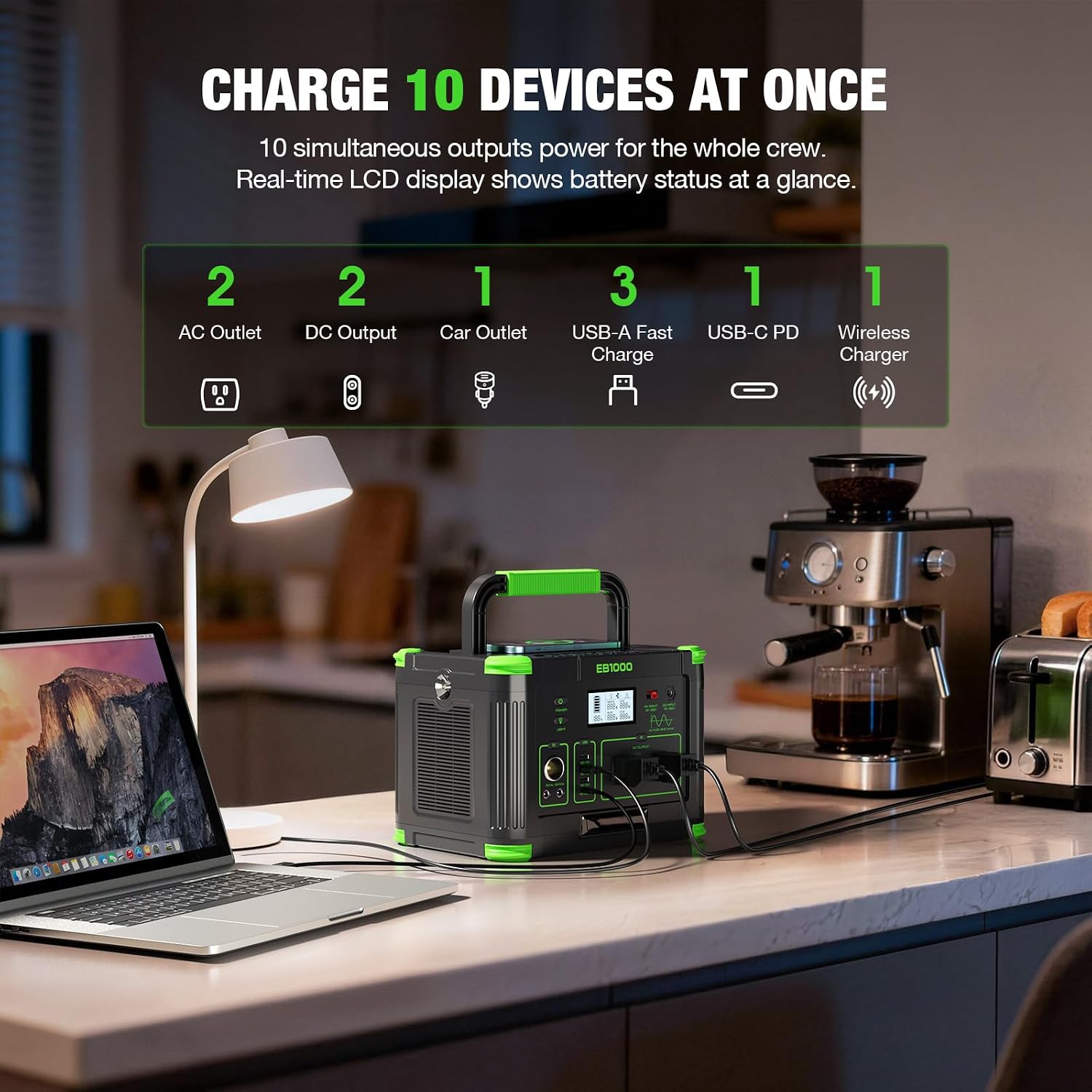 Solar Generator 1000W（2000W Peak）Portable Power Station, 110V Pure Sine Wave AC Outlets, 60W USB-C PD Fast Charging, 10 Ports for RV Trip,Camping,Home Emergency