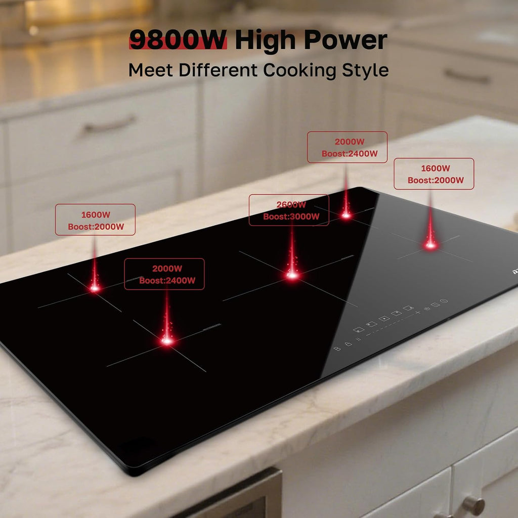 ThermoMate 36 Inch Induction Hob Electric Cooktop, 9800W Built in Induction Stove Top with 5 Boost Burners, 9 Heating Levels, Timer & Child Safety Lock, Sensor Touch Control, 240V