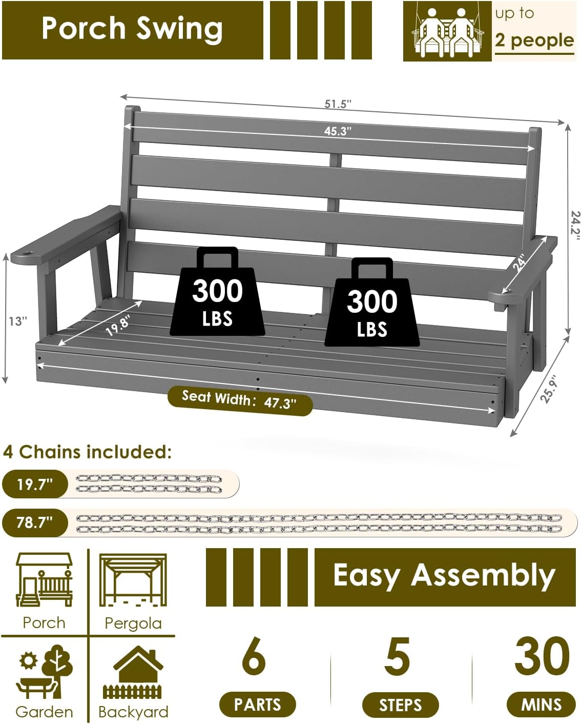 GREENVINES Porch Swing | 51'' | HDPE Plastic | for Outdoor Patio | All Weather | Waterproof Bench Swings | w/ 4 Stainless Steel Chains | Grey