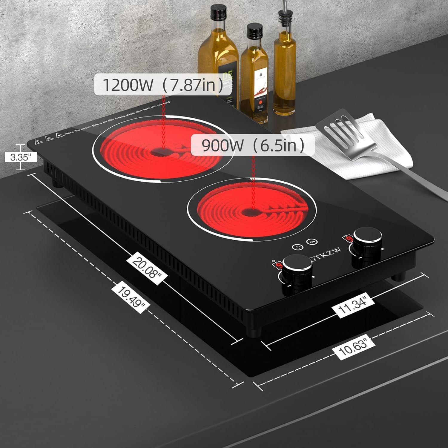 110v Electric Cooktop 2 Burners, 12'' Electric Stove Top with Plug in, Knob Control Countertop & Built-in Ceramic Cooktop, 9 Power Levels, Child Lock, Timer, Over-Heat Protection