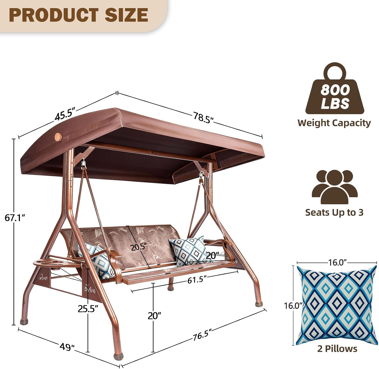 ZZW 3 Person Patio Swing Outdoor Swing for Adults with Adjustable Canopy &Upgraded Cup Holders Textilene Fabric Porch Swing Chair with Stand Heavy Duty 800 LBS