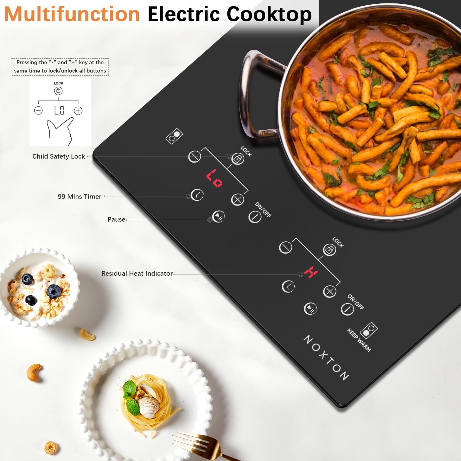 Noxton 110V Electric Cooktop 2 Burners, 12 Inch Electric Stove,Counter top Burner & Built-in Ceramic Stovetop, Sensor Touch Control Timer, Child Safety Lock, High Temperature Warning