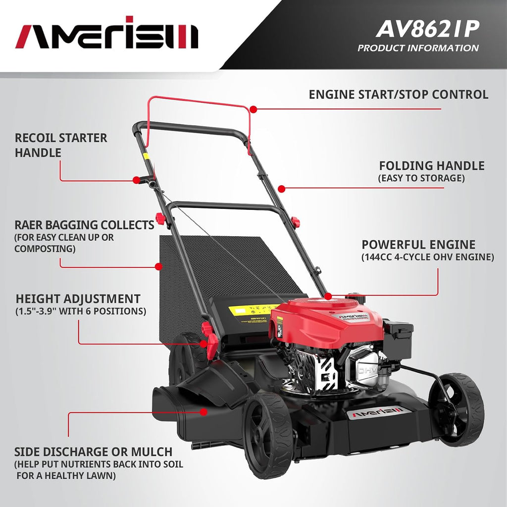 AMERISUN Gas Lawn Mower, 21' with 144cc 4-Cycle OHV Engine 3-in-1 Walk-Behind Push Lawn Mower (AV8621P1)