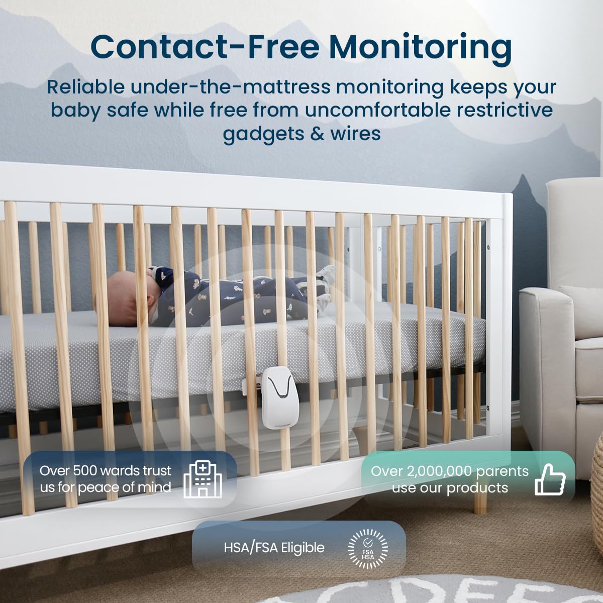 Babysense True Sleep HD FSA Baby Monitor with Camera and Audio + Baby Sleep Breathing Movement Monitor, No WiFi, 2 Non-Contact Under Mattress Sensors, Non-Wearable Monitor, Full Crib Coverage