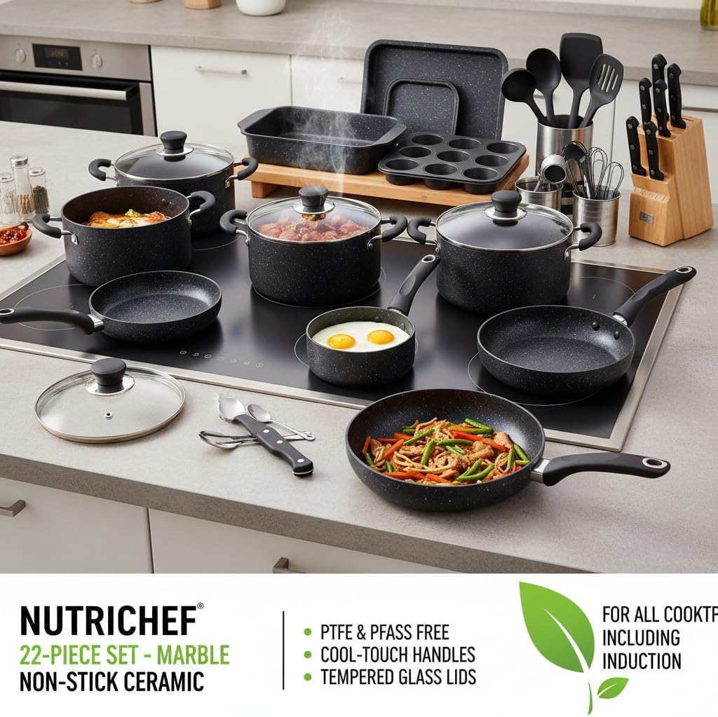 NutriChef 22‑Piece Non‑Stick Ceramic Pots and Pans Set – For All Cooktops Including Induction – PTFE & PFAS Free, Includes Bakeware & Utensils