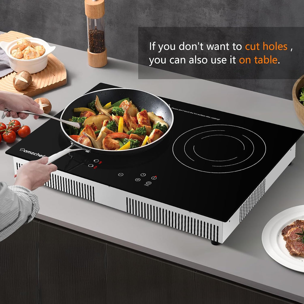 AMZCHEF Induction Cooktop 2 Burners 1800W, Built-in & Countertop Electric Cooktop with 9 Power Levels, 110V-120V Double Induction Stove with Plug, 99-min Timer, Safety Lock, Ceramic Glass