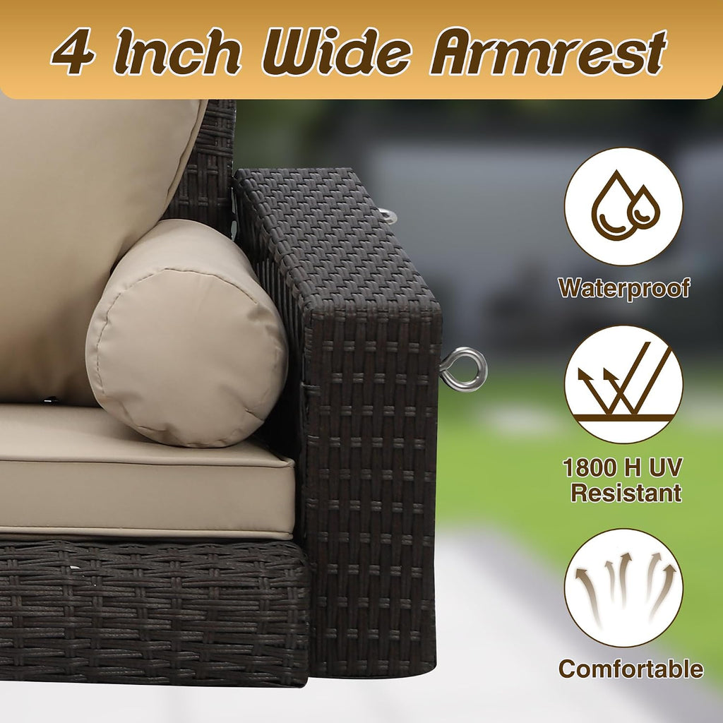 Wicker Porch Swing, 3-Seats Person Rattan Hanging Swing Chair, Patio Grey Outdoor Rattan Swing Bench with Cushion for Patio Backyard Poolside Garden, Khaki