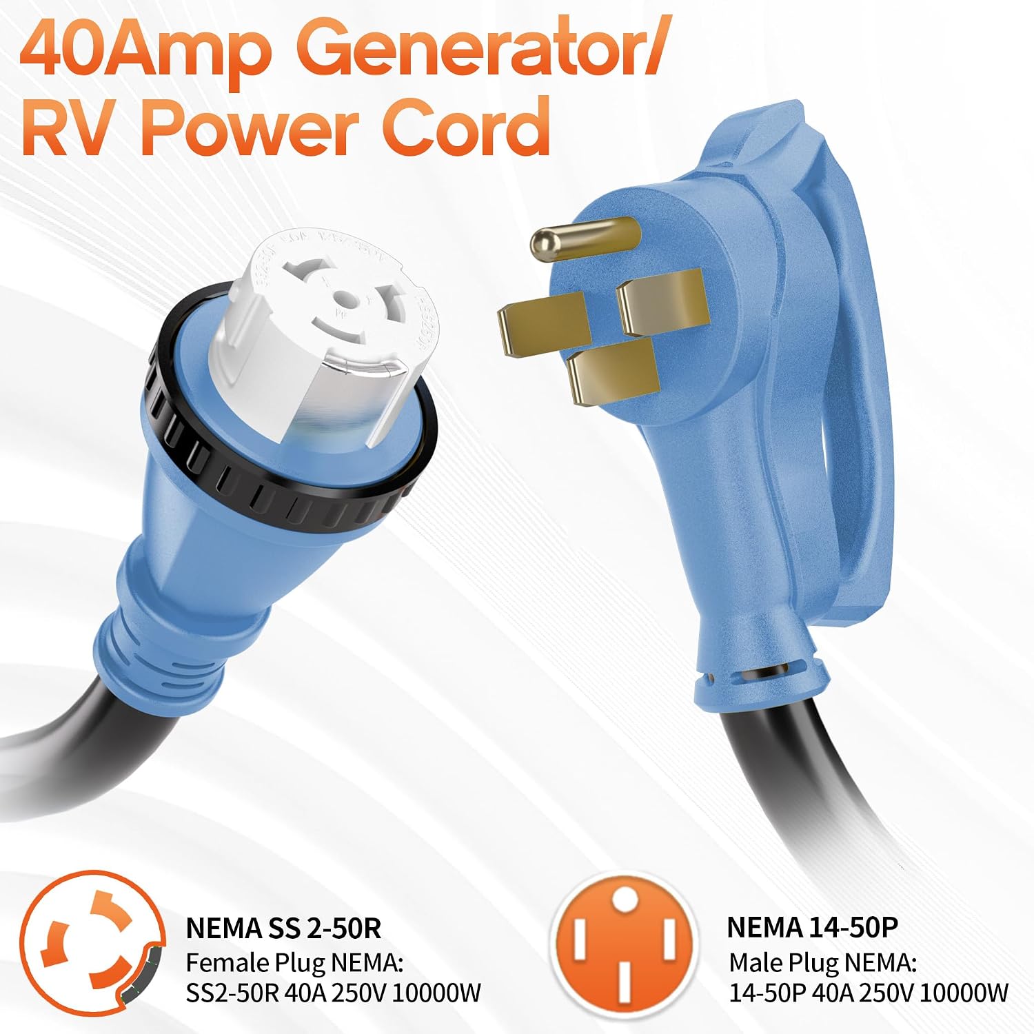 100FT 40 Amp Generator Cord, NEMA 14-50P/SS2-50R Heavy-Duty 4 Conductors Cable, Pure Copper STW RV Extension Cord, Female Plug with Twist Lock, Suitable for RV or Camper, ETL Listed