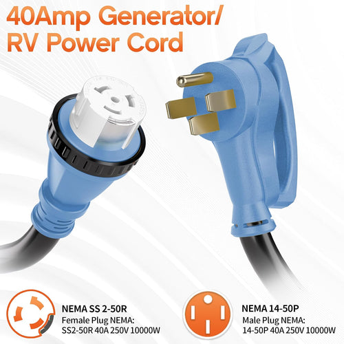 100FT 40 Amp Generator Cord, NEMA 14-50P/SS2-50R Heavy-Duty 4 Conductors Cable, Pure Copper STW RV Extension Cord, Female Plug with Twist Lock, Suitable for RV or Camper, ETL Listed