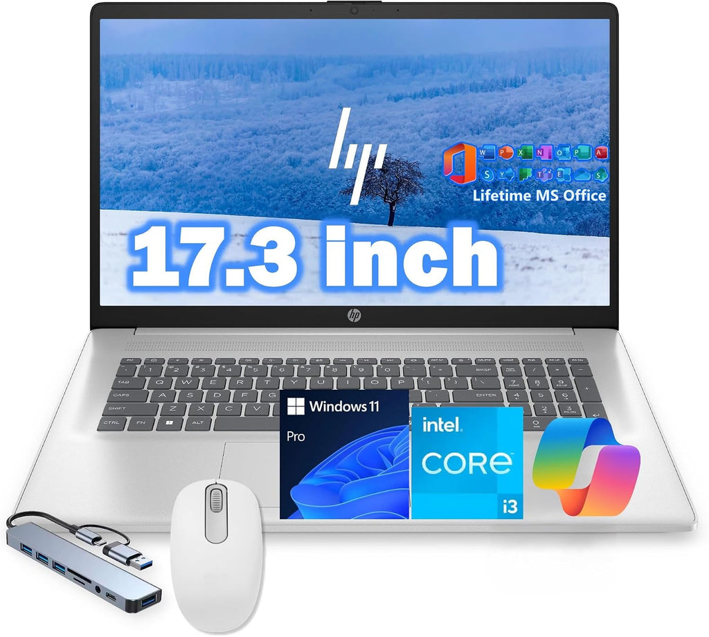 HP 17.3' Laptop Computer, Intel 13th 8-Cores i3-N305 Processor, 32GB RAM, 512GB PCI-E SSD, Windows 11 Pro, Free Lifetime MS Office • Copilot AI, 10-Key Number Pad, w/Accessories, Natural Silver