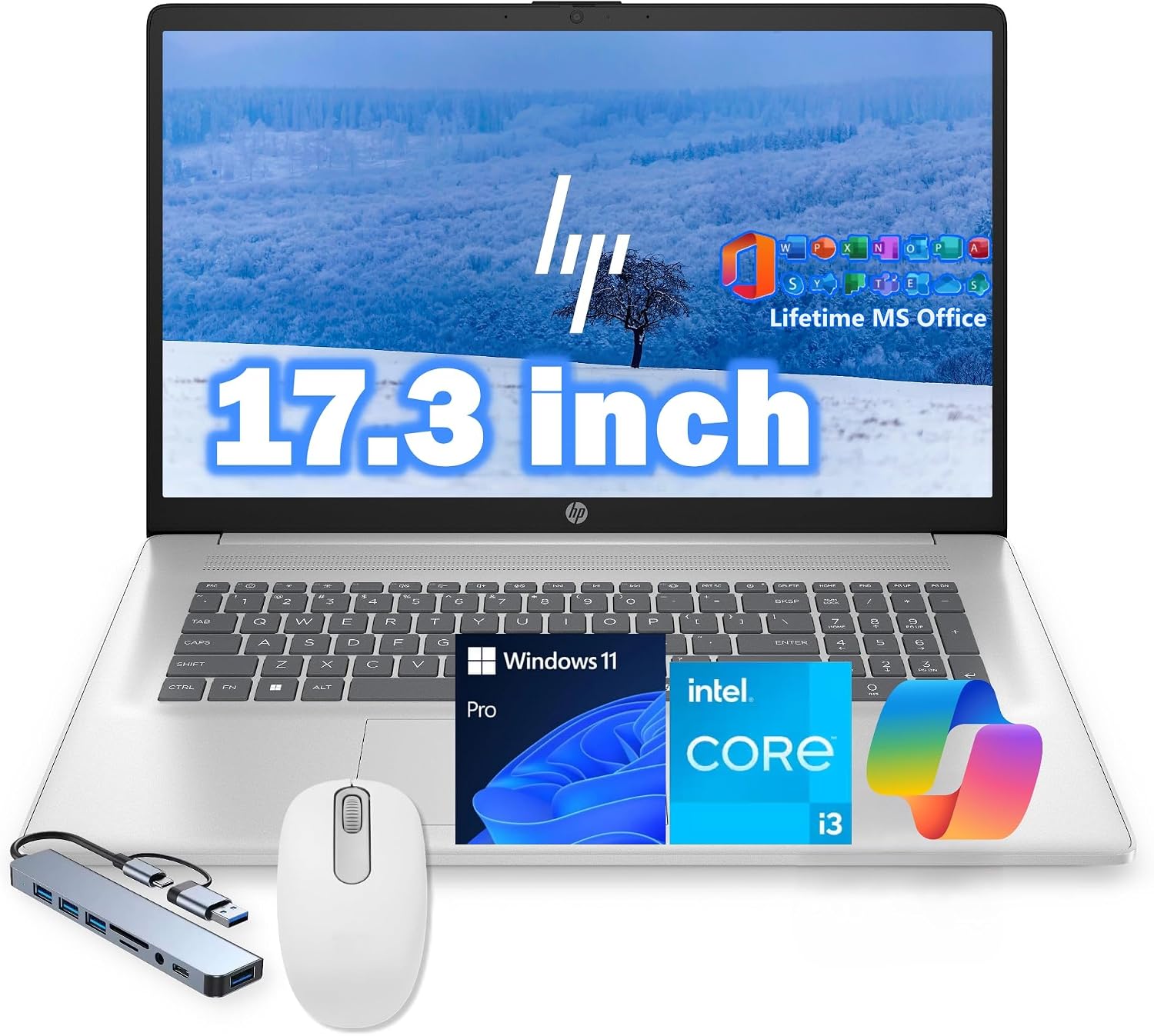 HP 17.3' Laptop Computer, Intel 13th 8-Cores i3-N305 Processor, 32GB RAM, 512GB PCI-E SSD, Windows 11 Pro, Free Lifetime MS Office • Copilot AI, 10-Key Number Pad, w/Accessories, Natural Silver