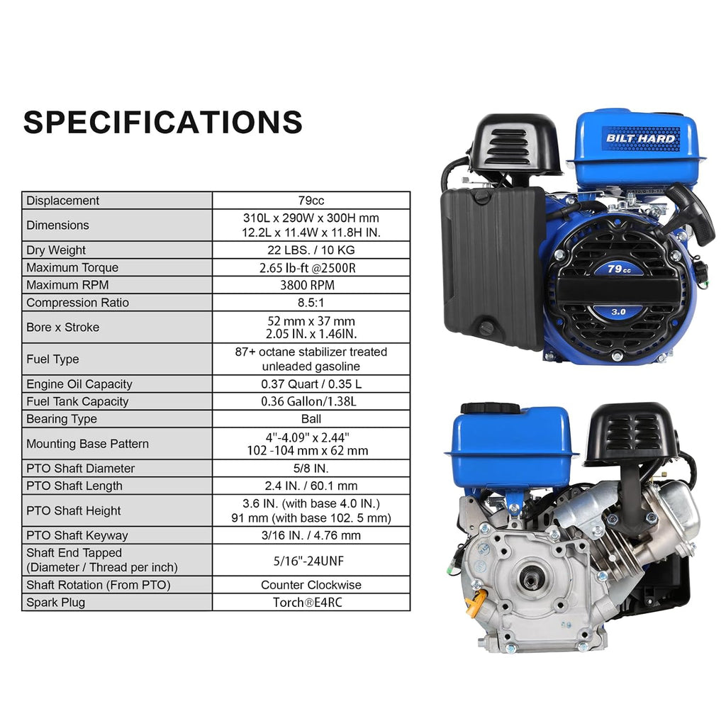 BILT HARD Gas Engine 79cc 2 HP, Gas Motor for Log Splitter, Pressure Washer and Water Pump, EPA & CARB Certified, 4 Stroke OHV Horizontal Shaft with Recoil Start