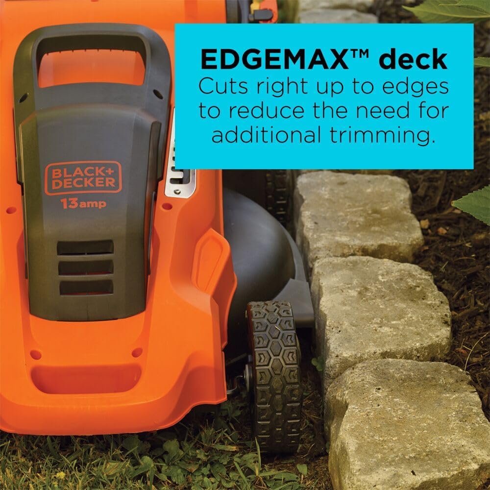 BLACK+DECKER 20-Inch Corded Electric Lawn Mower, Ultra Light Push Mower, 13-Amp High Output Motor, 3 in 1 Cutting Versatility, Tool Free Height Adjustment, 7-setting Cutting Height (MM2000)