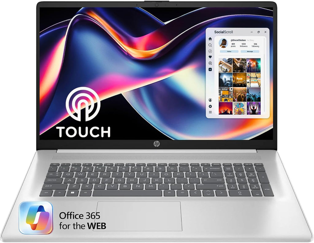 HP 17.3' Touch | Touchscreen Laptop with Office 365 for The Web, AMD Ryzen 5 7430U (6 Cores, 12 Threads, Upto 4.3GHz, Beats Core i7-1355U), 16GB RAM, 512GB SSD Storage, 10 Key Number Pad, No Mouse