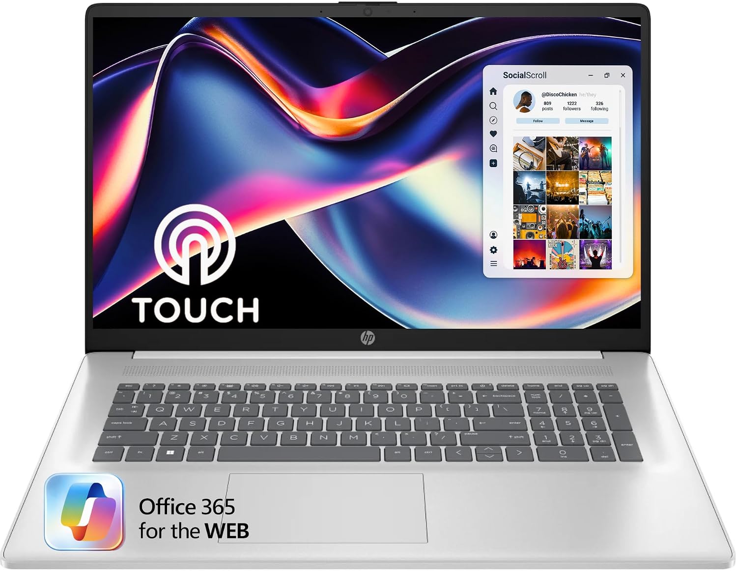 HP 17.3' Touch | Touchscreen Laptop with Office 365 for The Web, AMD Ryzen 5 7430U (6 Cores, 12 Threads, Upto 4.3GHz, Beats Core i7-1355U), 16GB RAM, 512GB SSD Storage, 10 Key Number Pad, No Mouse