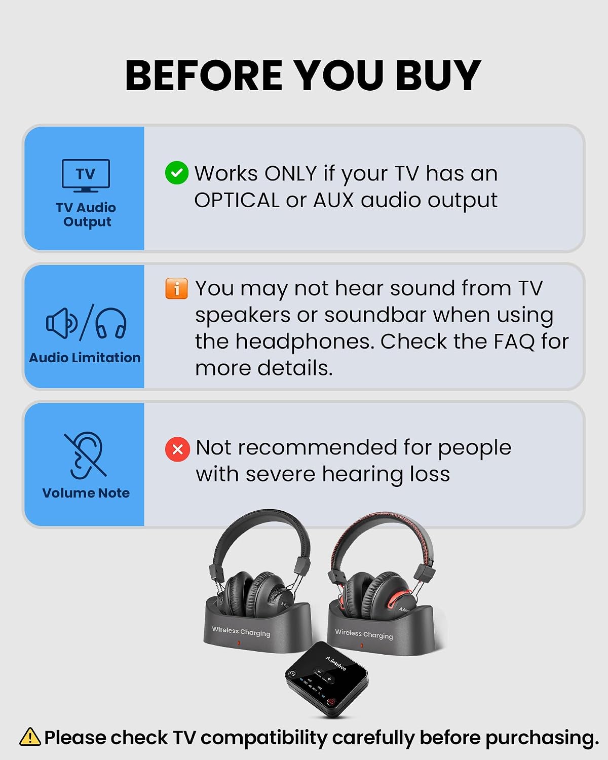 Avantree HT41899 Plus 2 - Dual Bluetooth Wireless Headphones for TV Watching with Transmitter & Charging Docks, aptX Adaptive & Low Latency Support, Compatible with Optical & 3.5mm AUX TVs